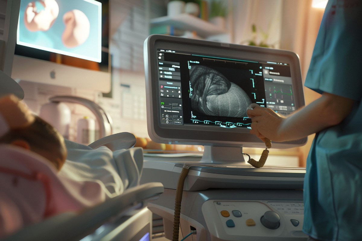 Anne karnındaki bebeğin kalp sağlığının incelendiği fetal ekokardiyografi işlemi sırasında ultrason ekranındaki kalp görüntüsü.